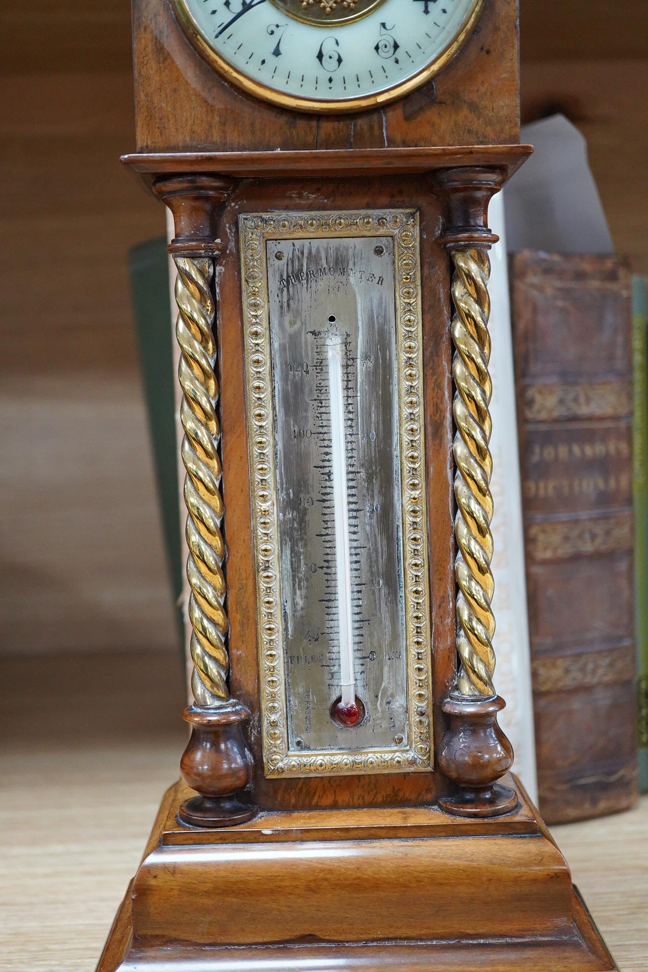 A miniature olivewood longcase timepiece with thermometer, 46cm high